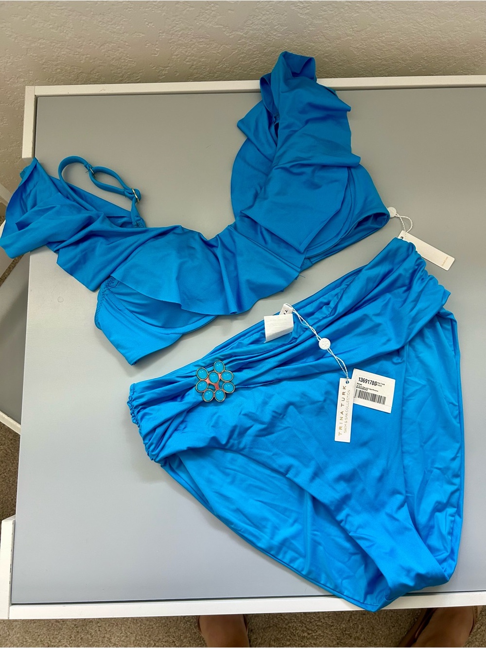 New NWT Trina Turk size 10 top 12 bottom Ruffle Two Piece Swim Bikini High Rise